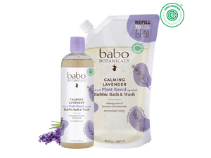 Babo Botanicals Calming Lavender Bubble Bath & Wash bottle and refill pouch on a white background
