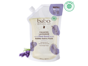 Babo Botanicals Calming Lavender Bubble Bath & Wash refill pouch on a black background