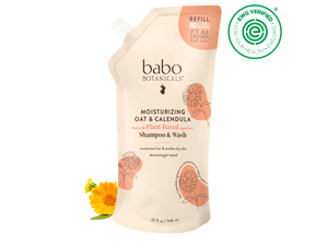 Babo Botanicals shampoo and wash refill pouch with ESG verified logo on a black background