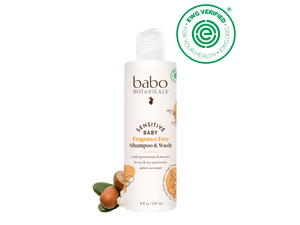 Babo Botanicals sensitive baby shampoo & wash bottle with ESGG Verified logo on a white background