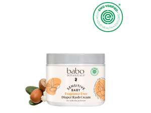 Babo Botanicals Sensitive Baby Diaper Rash Cream jar with ESGG Verified logo on a black background
