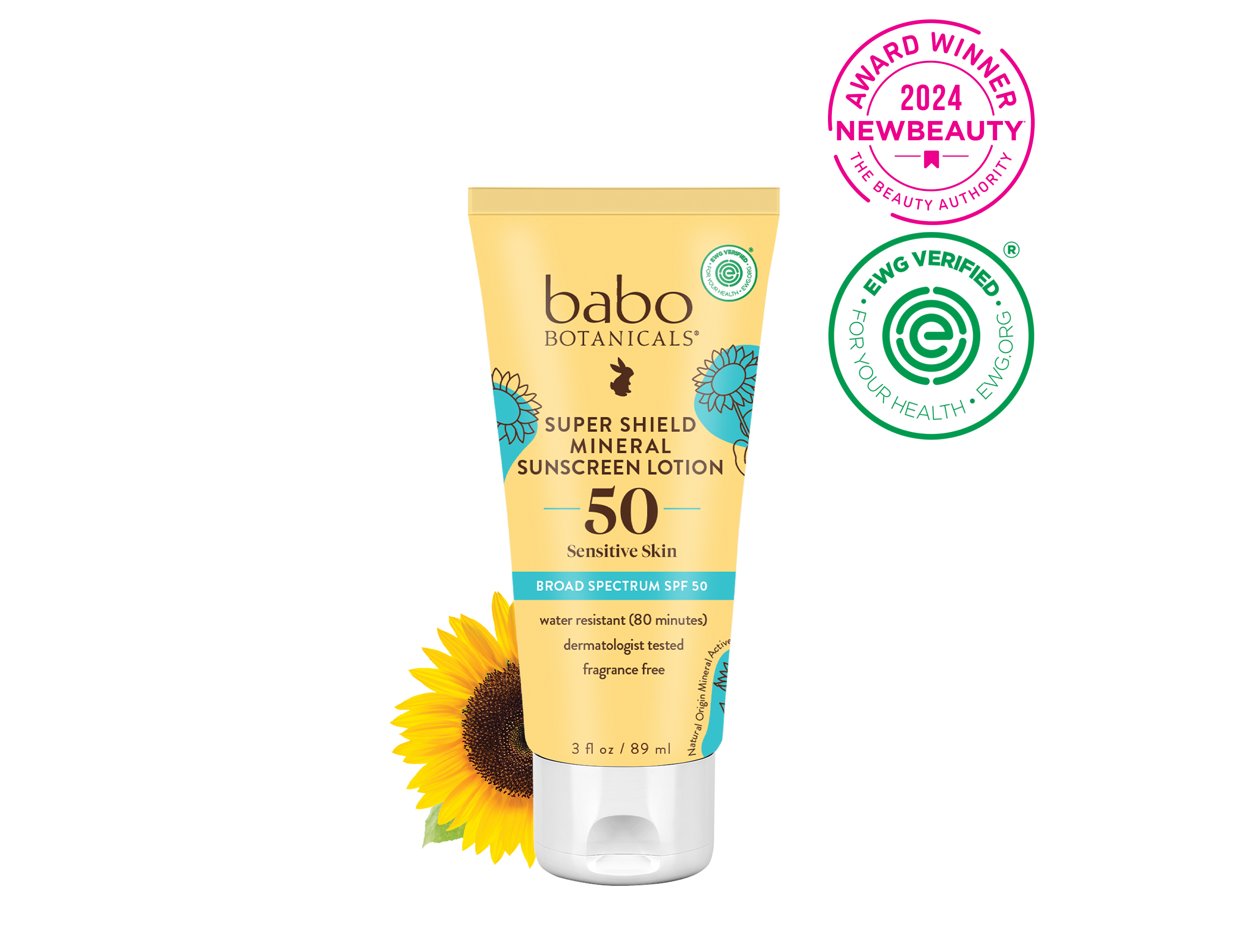 Babo Botanicals- Super Shield mineral sunscreen lotion spf50- New Beauty 2024 Award Winner, EWG Verified