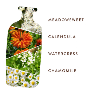 Collage of flowers with labels for meadowsweet, calendula, watercress, and chamomile on a white background.