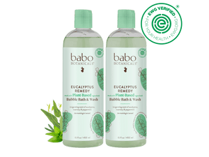 Two bottles of babo Botanicals Eucalyptus Remedy Bubble Bath & Wash on a black background with a green logo.