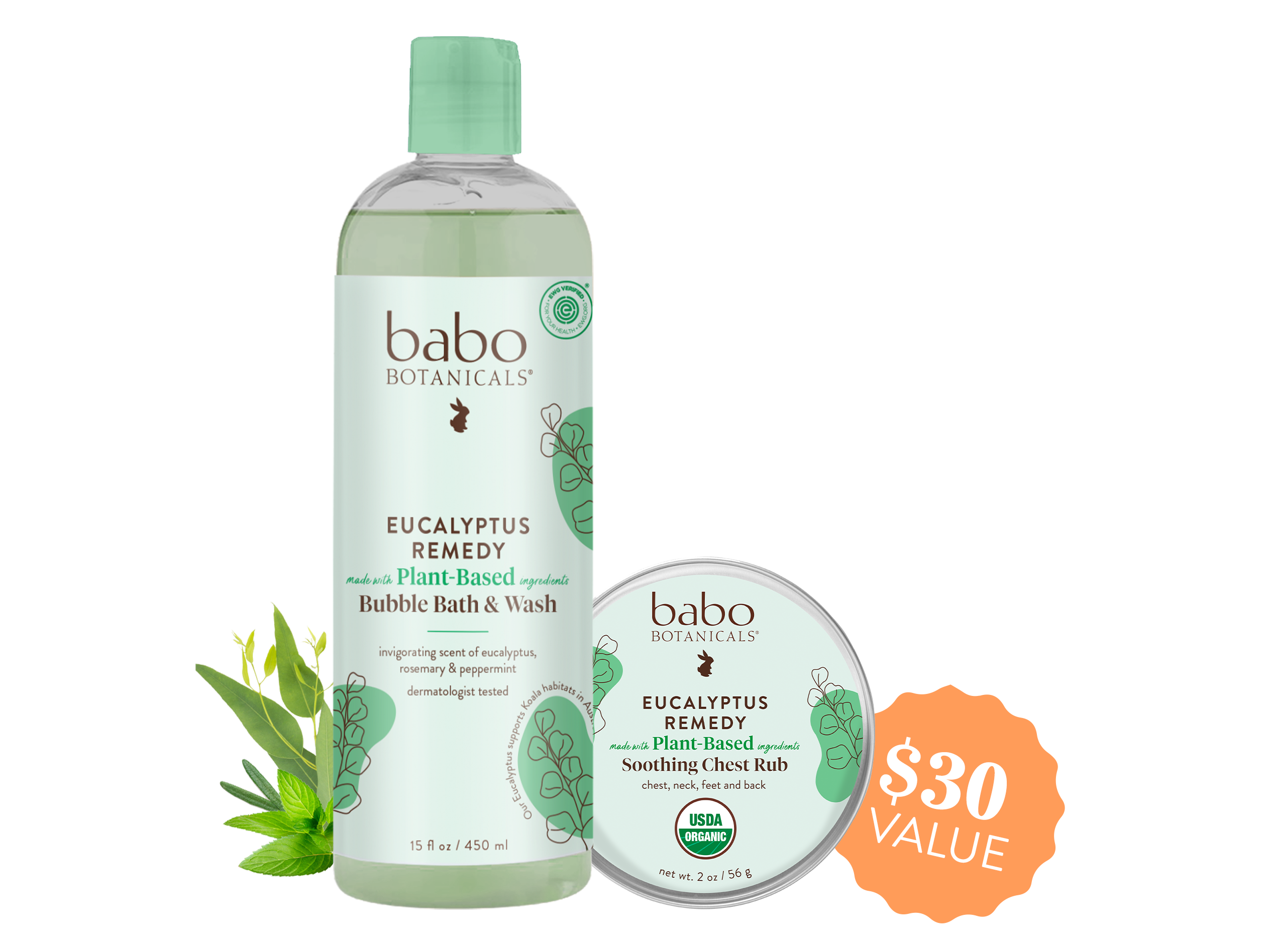 Babo Botanicals- Eucalyptus bubble bath & wash and Eucalyptus remedy soothing chest rub bundle