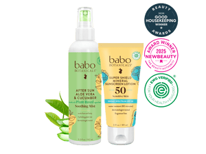 Babo Botanicals sun care products with awards on a black background