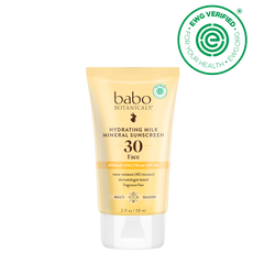Babo Botanicals sunscreen tube with sunflower and EWG Verified logo on a black background