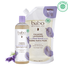 Babo Botanicals Calming Lavender Bubble Bath & Wash bottle and refill pouch on a white background