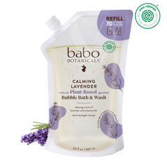 Babo Botanicals Calming Lavender Bubble Bath & Wash refill pouch on a black background