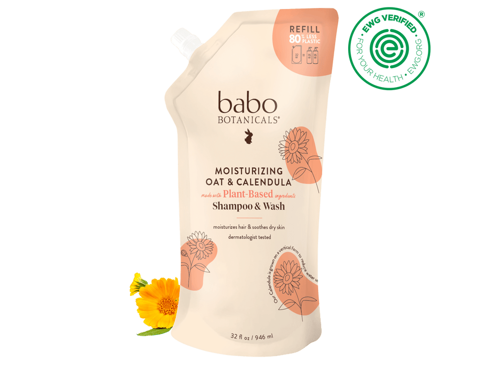 Babo Botanicals shampoo and wash refill pouch with ESG verified logo on a black background