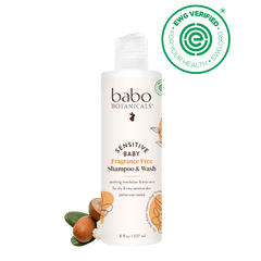 Babo Botanicals sensitive baby shampoo & wash bottle with ESGG Verified logo on a white background