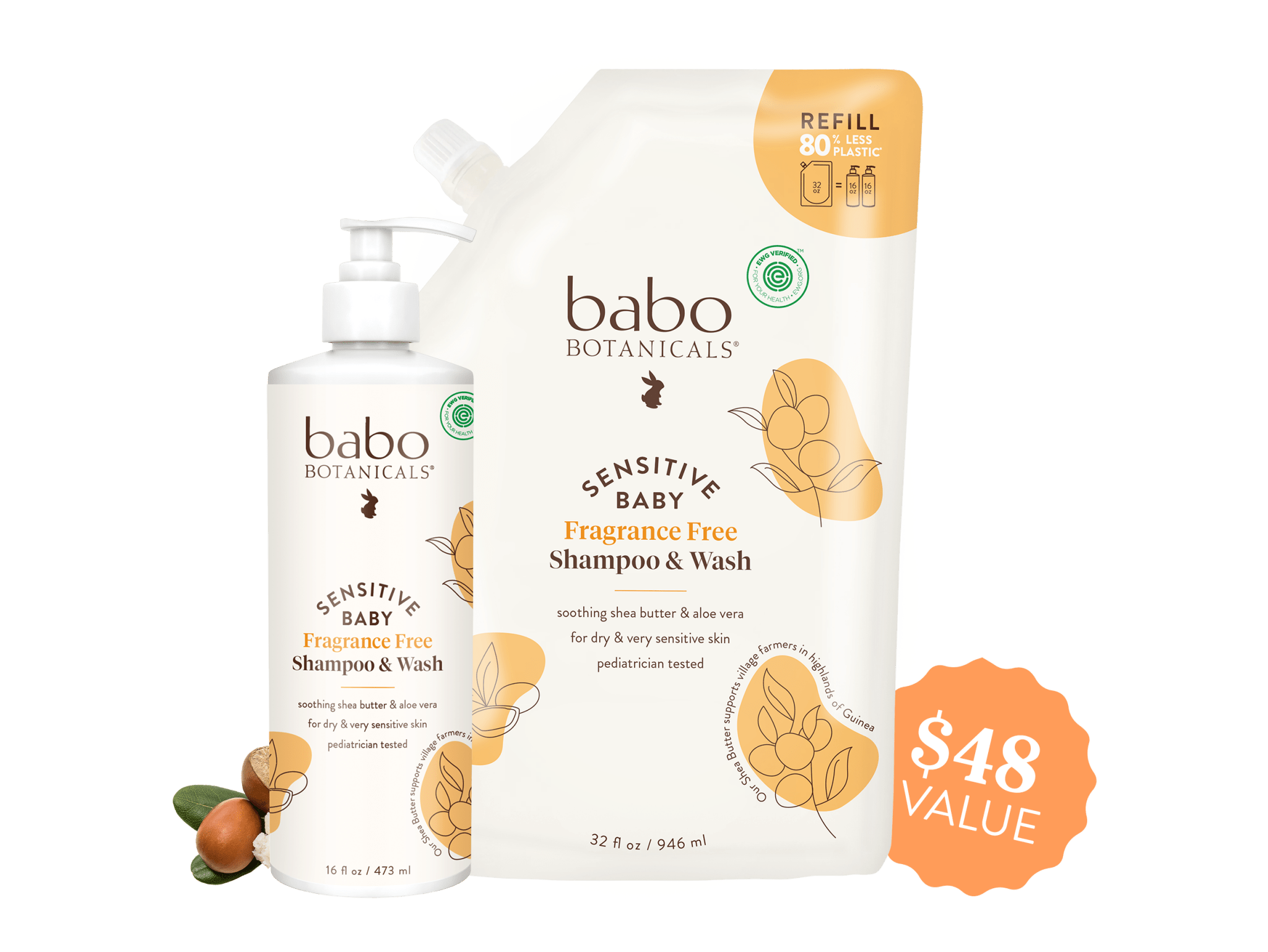 Babo Botanicals- Sensitive Baby Fragrance free shampoo and wash 16oz and 32oz refill