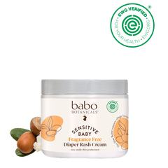 Babo Botanicals Sensitive Baby Diaper Rash Cream jar with ESGG Verified logo on a black background