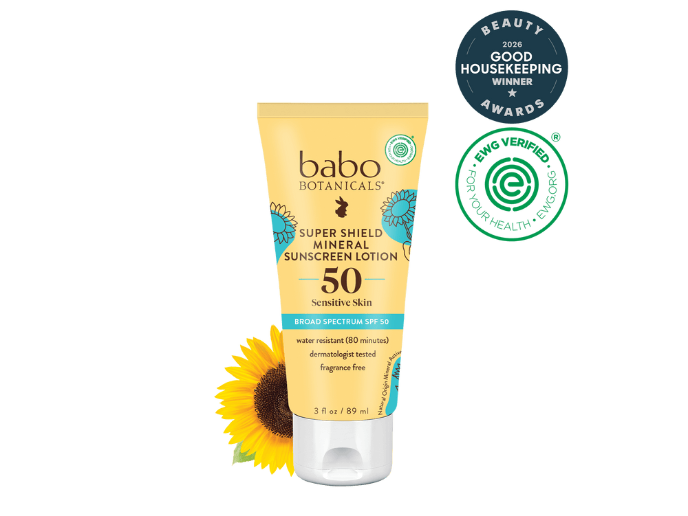 Babo Botanicals- Super Shield mineral sunscreen lotion spf50- New Beauty 2026 Award Winner, EWG Verified