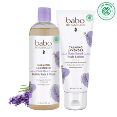 Babo Botanicals Calming Lavender bubble bath wash and body lotion on a black background