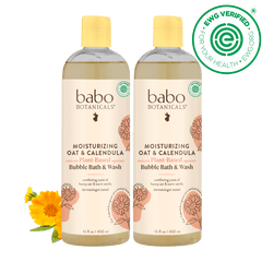 Two bottles of Babo Botanicals moisturizing bubble bath and wash on a black background with a green EWG Verified logo.