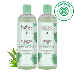 Two bottles of babo Botanicals Eucalyptus Remedy Bubble Bath & Wash on a black background with a green logo.