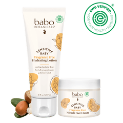 Babo Botanicals baby lotion and cream with EWG Verified logo on a black background